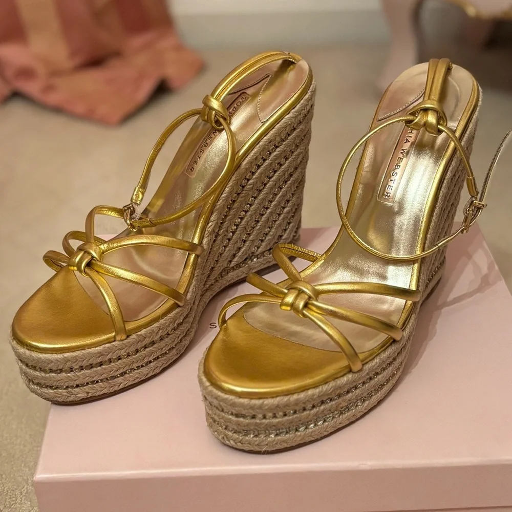 NWB Sophia Webster Alina Gold Espadrille Open Wedge Platform Heel Shoes Crystal - Picture 5 of 10